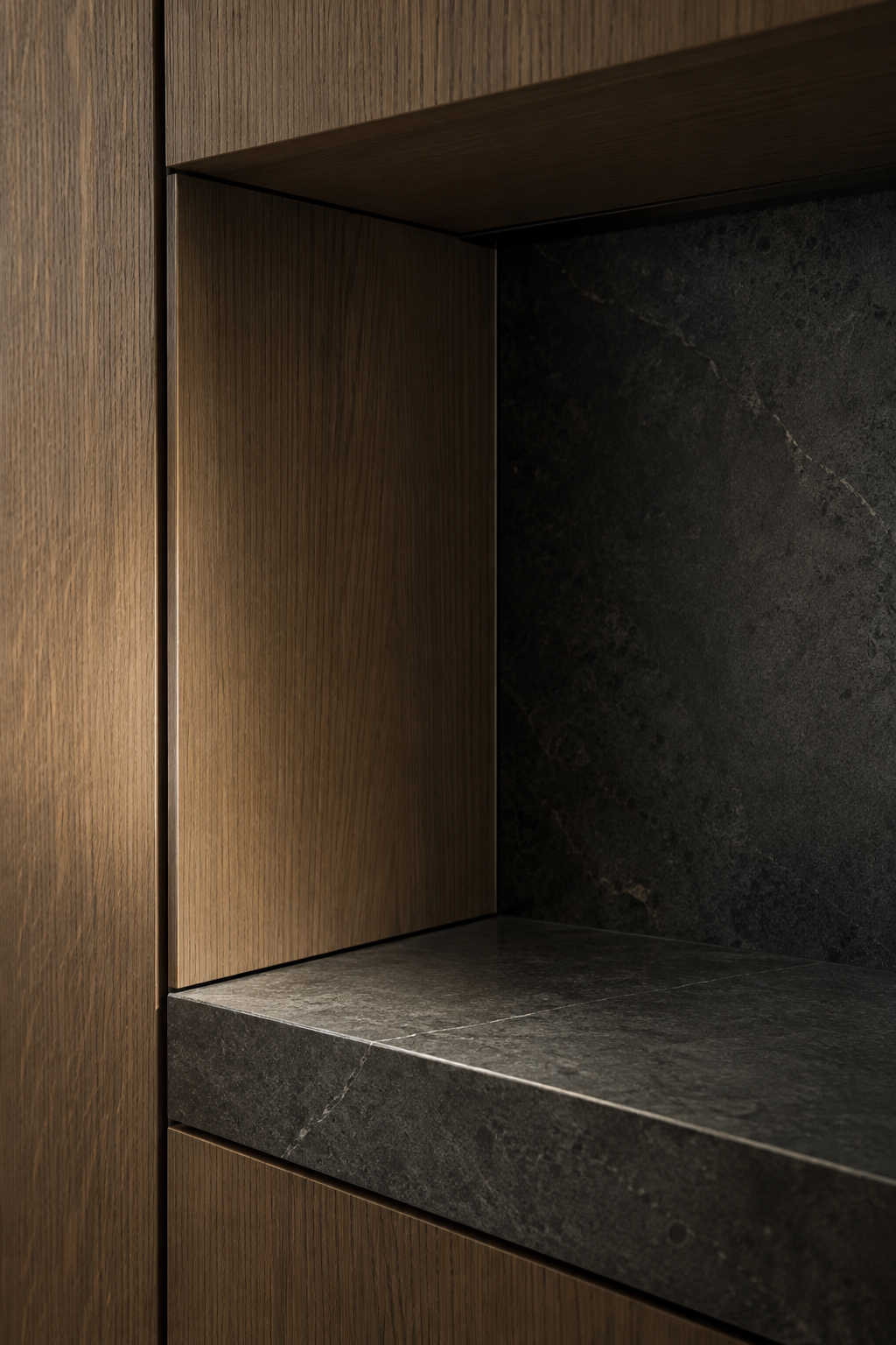 Precision junction of custom oak millwork and honed stone